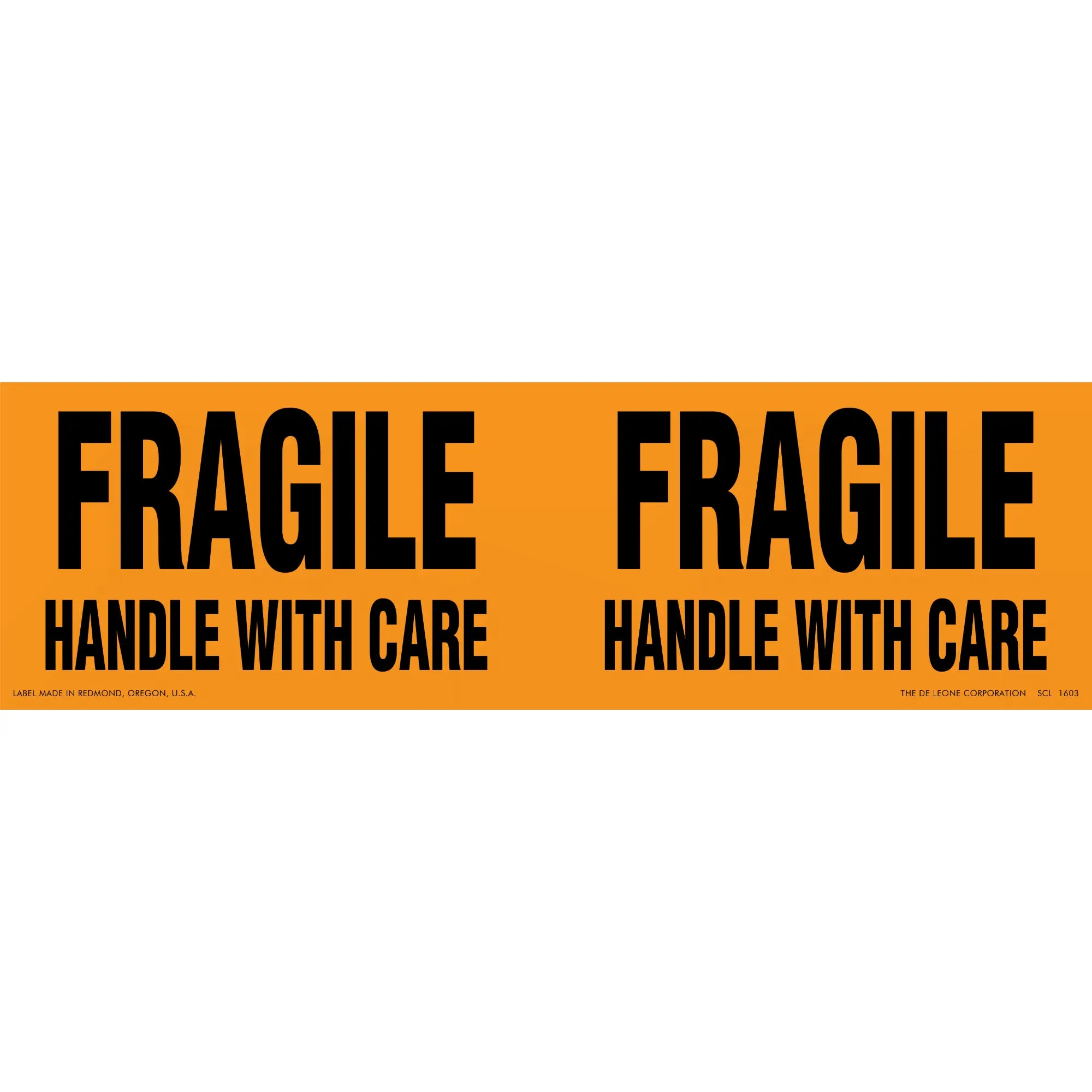 Orange warning label with black text reading ’FRAGILE HANDLE WITH CARE’ repeated twice.