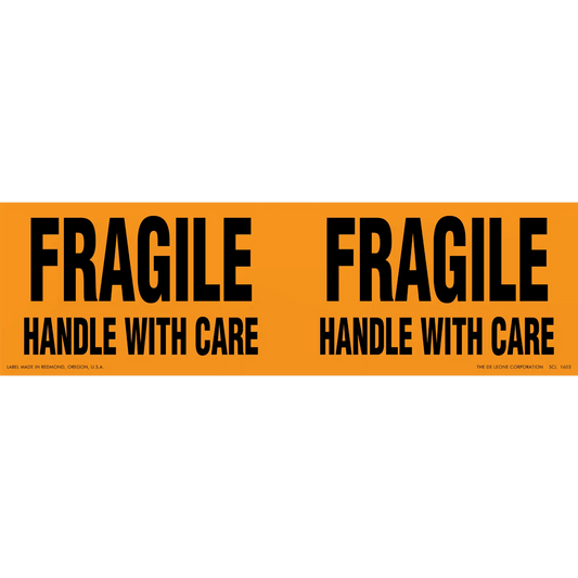 Orange warning label with black text reading ’FRAGILE HANDLE WITH CARE’ repeated twice.