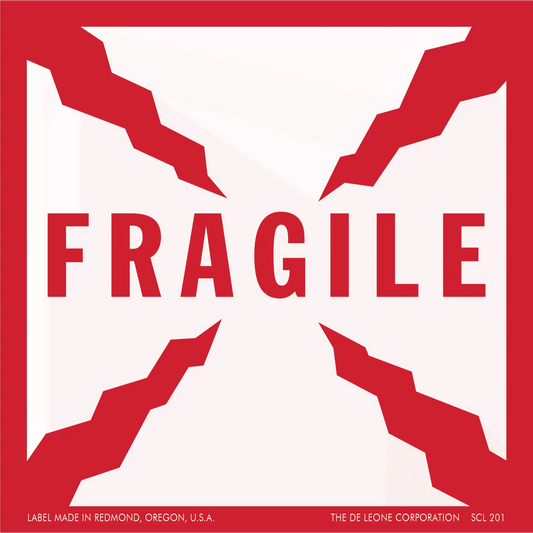 Red and white ’FRAGILE’ warning label with angular design elements.