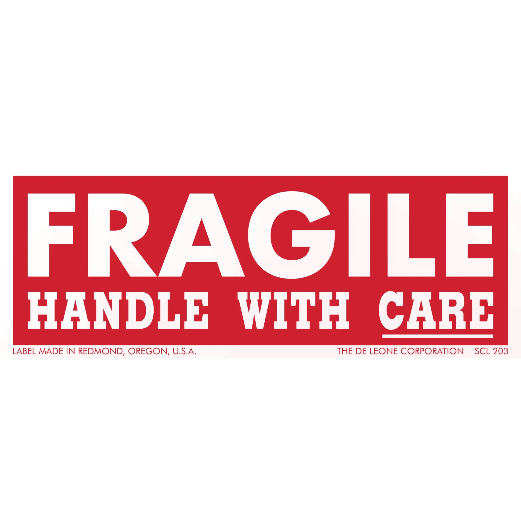 Red and white ’FRAGILE - HANDLE WITH CARE’ warning label.