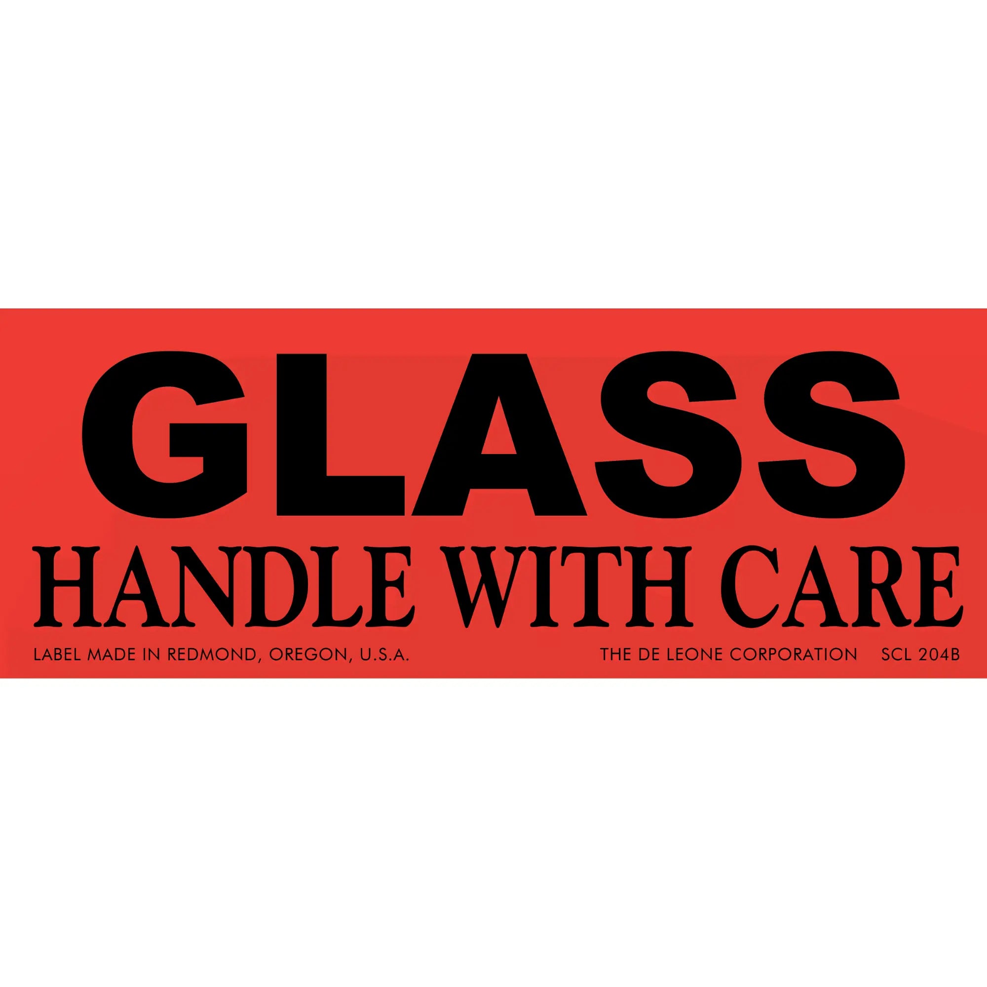 Red warning label with black text reading ’GLASS HANDLE WITH CARE’