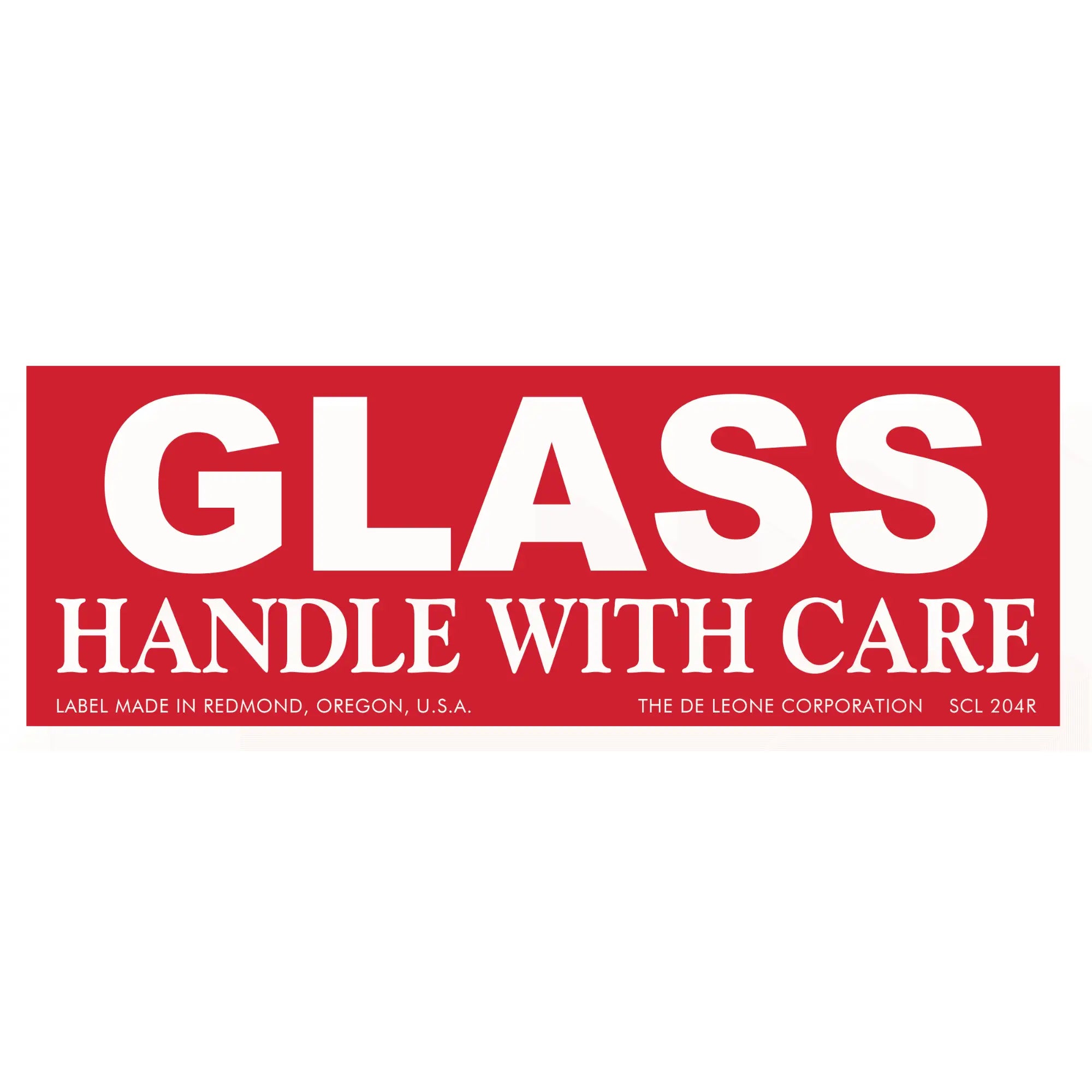 Red warning label with white text reading ’GLASS HANDLE WITH CARE’