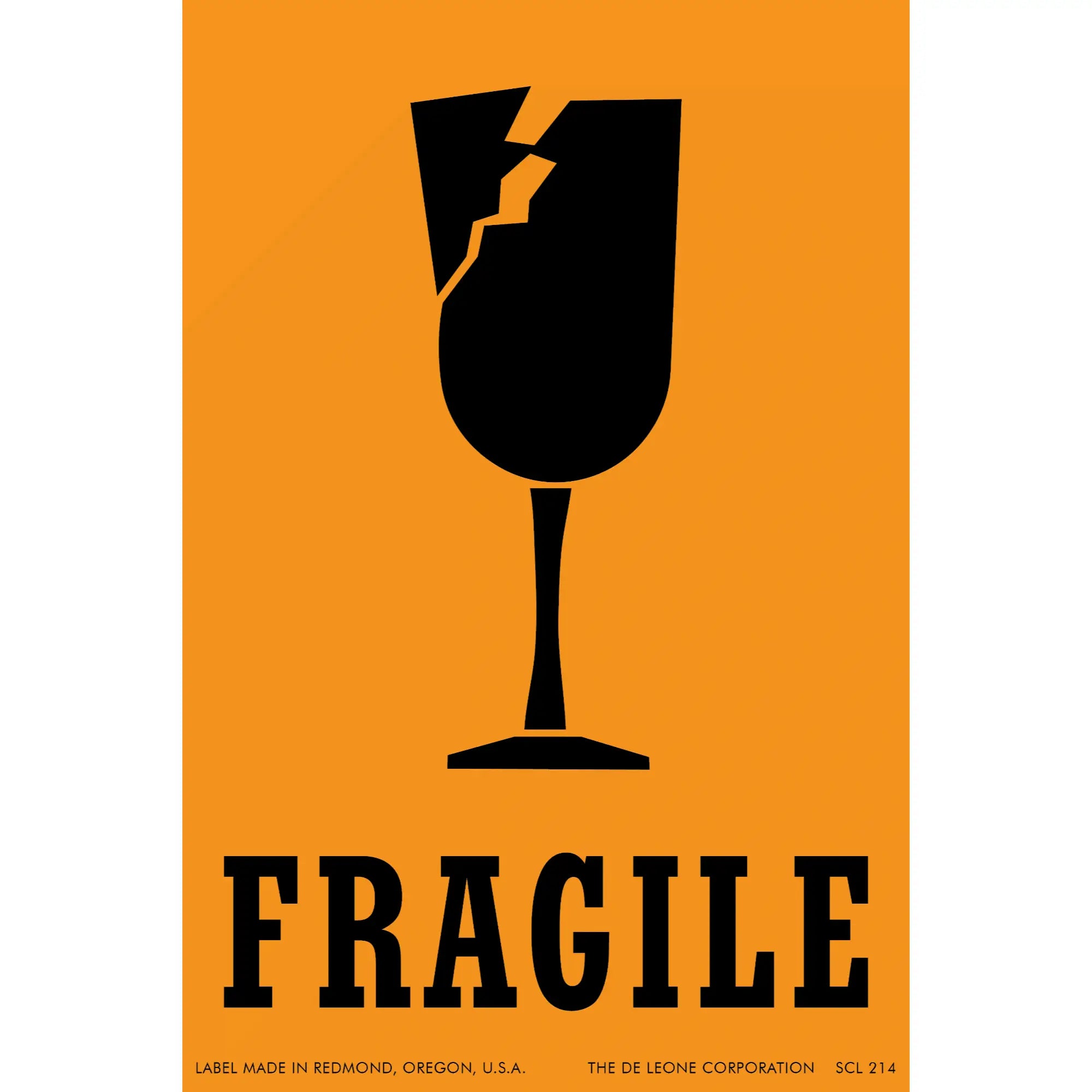 Black silhouette of a cracked wine glass with ’FRAGILE’ text beneath it.