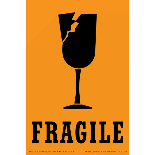 Black silhouette of a cracked wine glass with ’FRAGILE’ text beneath it.