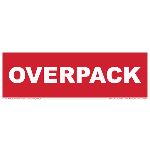 Red rectangular sign with white text reading ’OVERPACK’