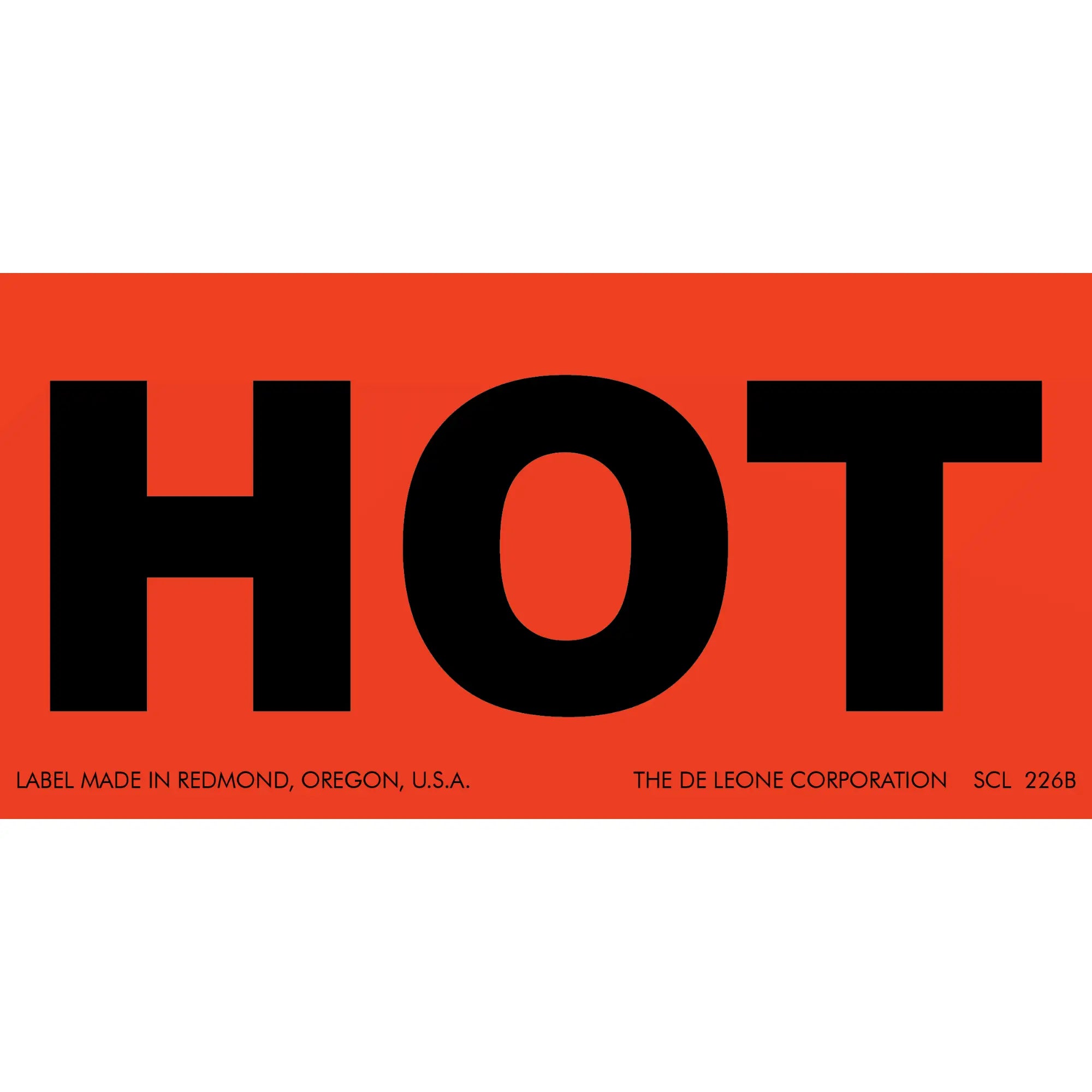 Red warning label with black ’HOT’ text