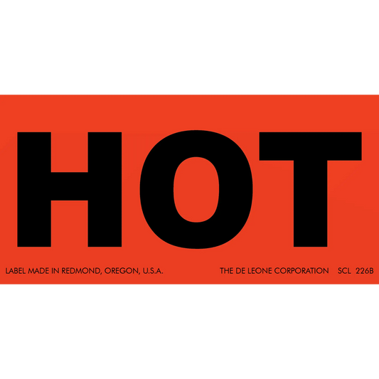 Red warning label with black ’HOT’ text