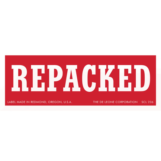 Red rectangular label with ’REPACKED’ in bold white letters.