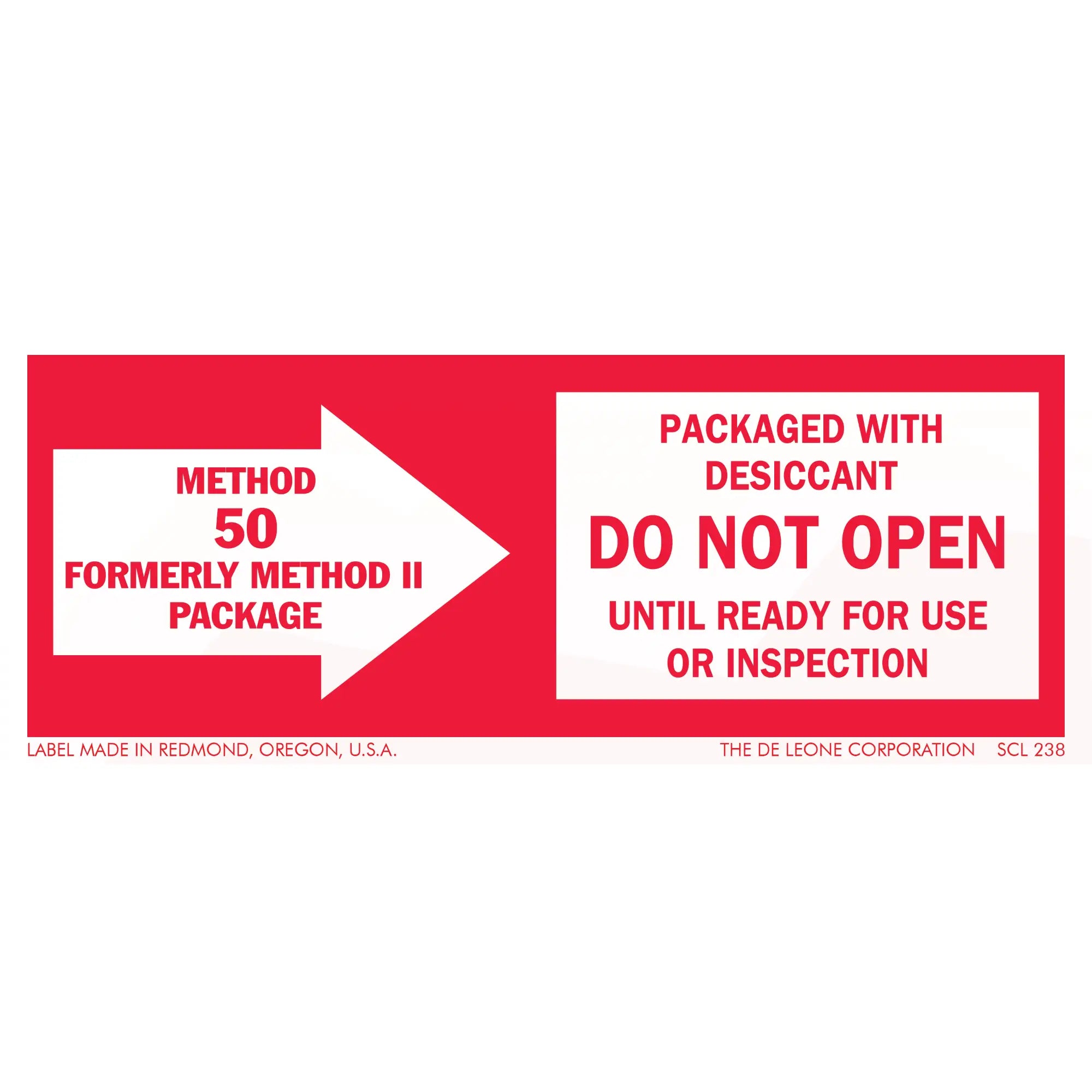 Red and white warning label about packaged desiccant and inspection requirements.