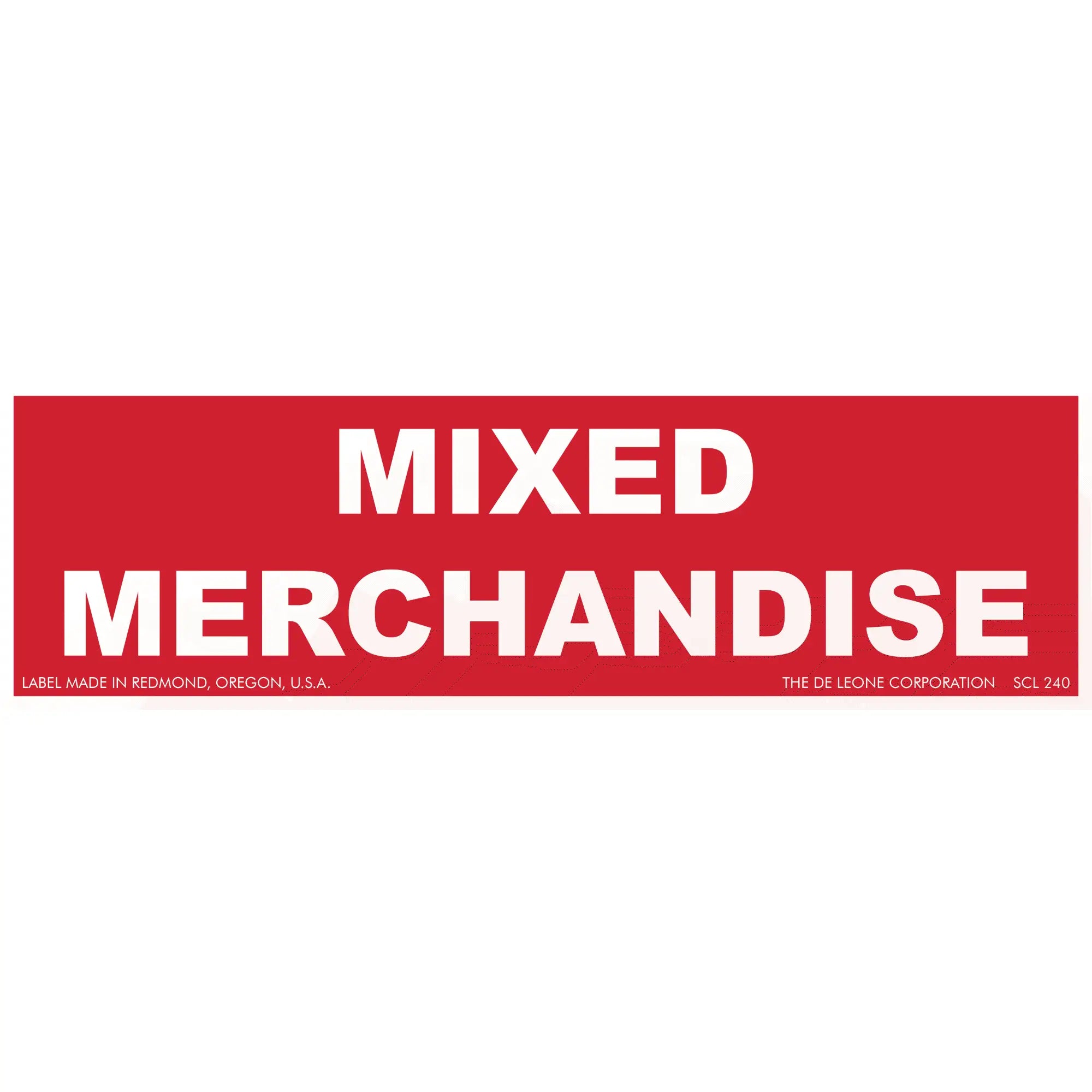 Red sign with white text reading ’MIXED MERCHANDISE’