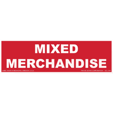 Red sign with white text reading ’MIXED MERCHANDISE’