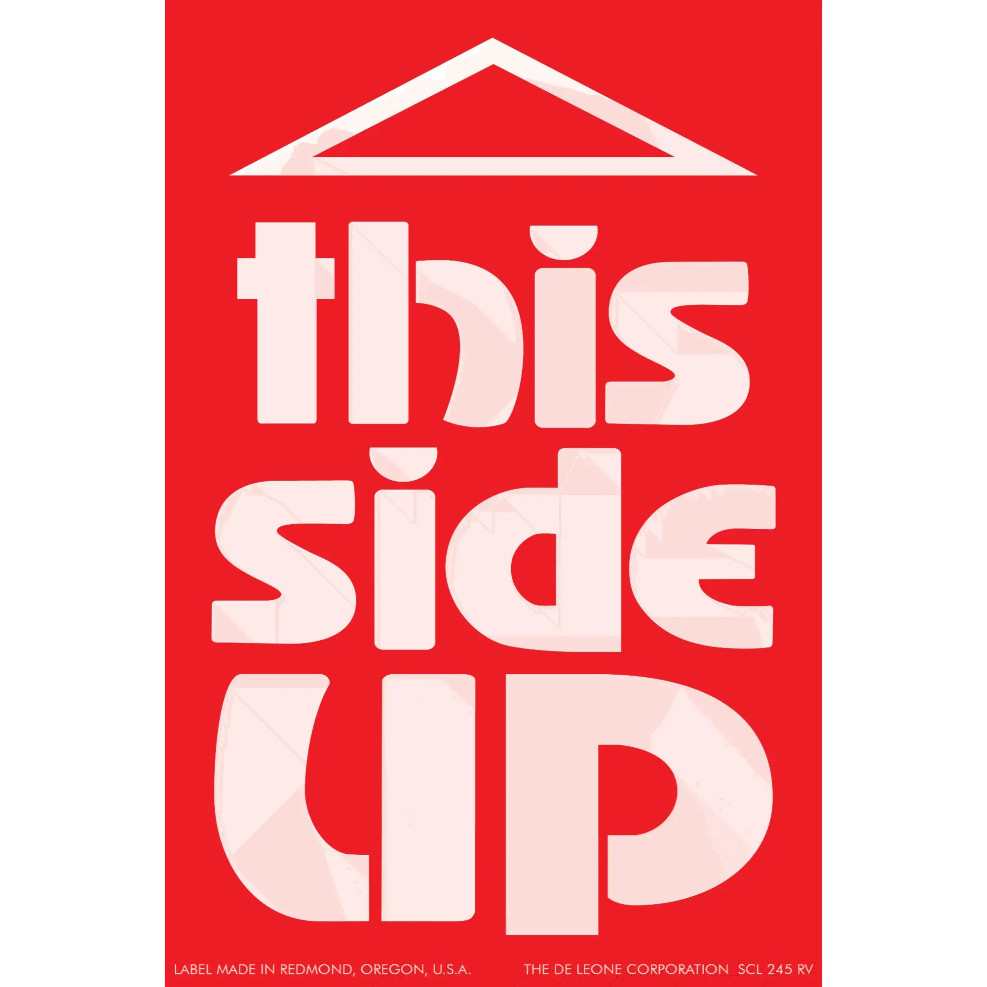 Red and white typographic logo reading ’this side up’ with a triangular roof shape at the top.