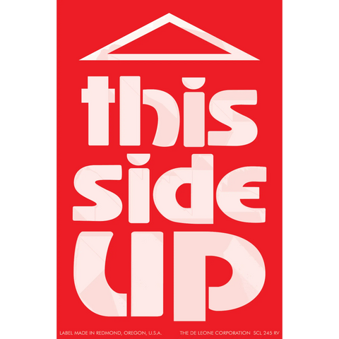 Red and white typographic logo reading ’this side up’ with a triangular roof shape at the top.