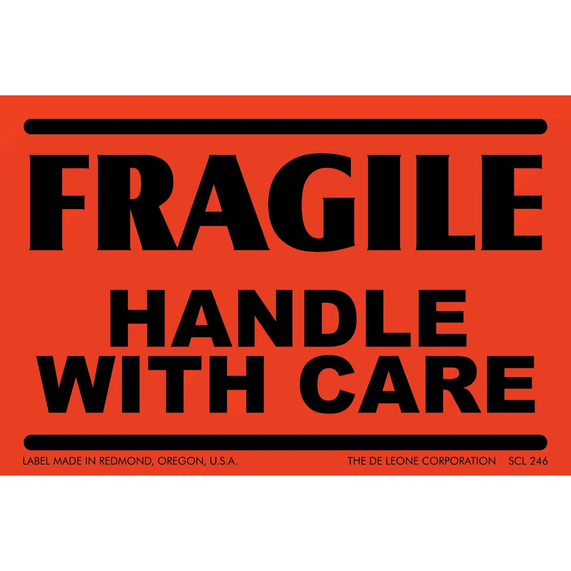 Red warning label with black text reading ’FRAGILE HANDLE WITH CARE’