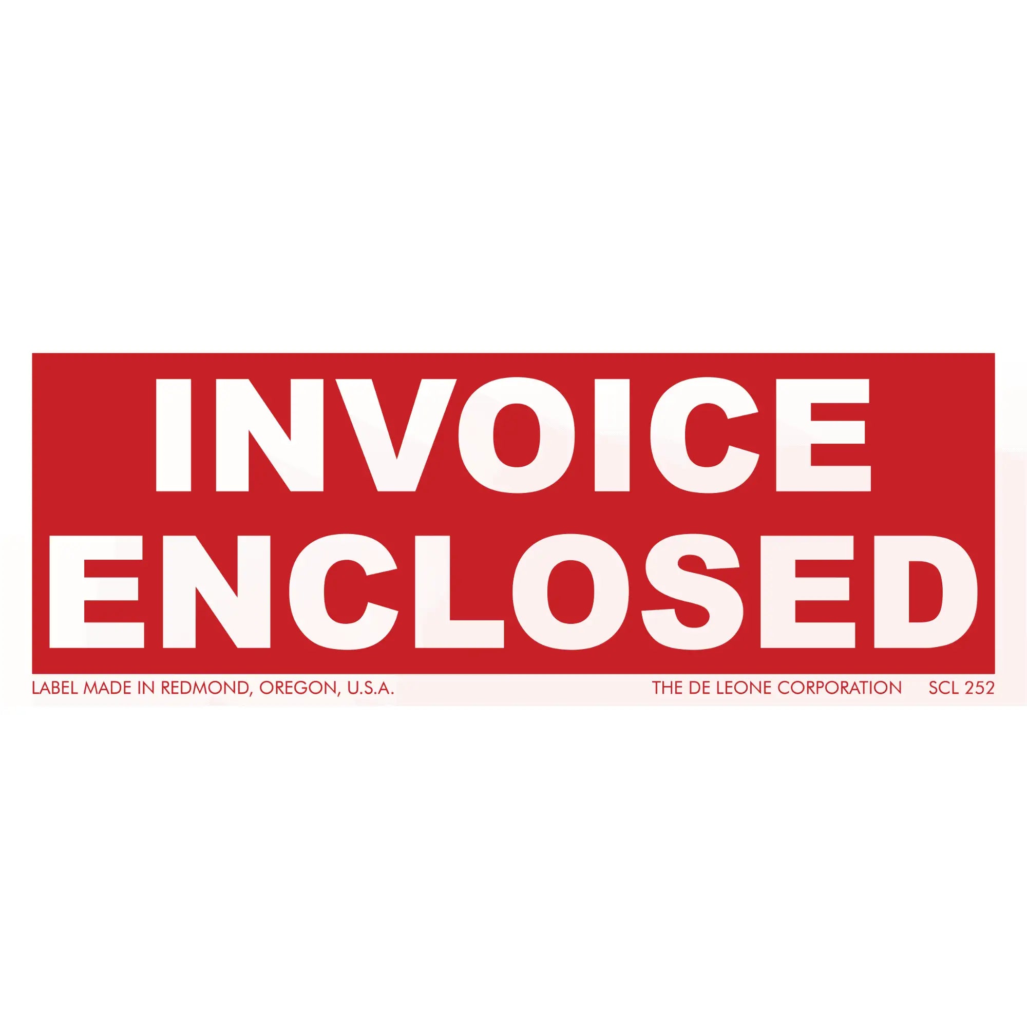 Red and white ’INVOICE ENCLOSED’ shipping label.