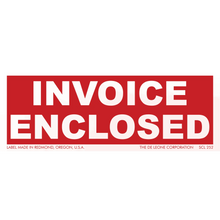 Red and white ’INVOICE ENCLOSED’ shipping label.