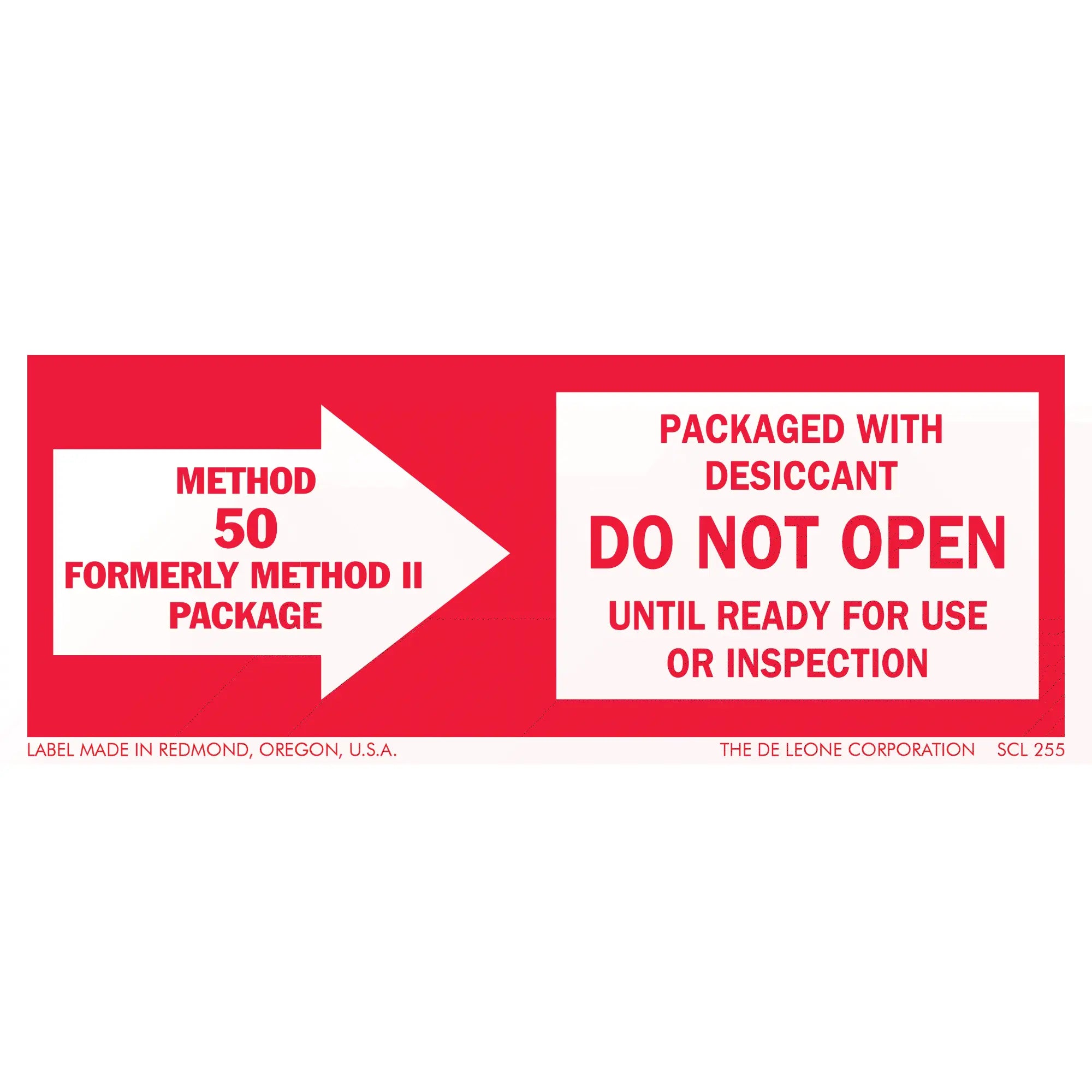 Red and white warning label about packaged desiccant and inspection requirements.