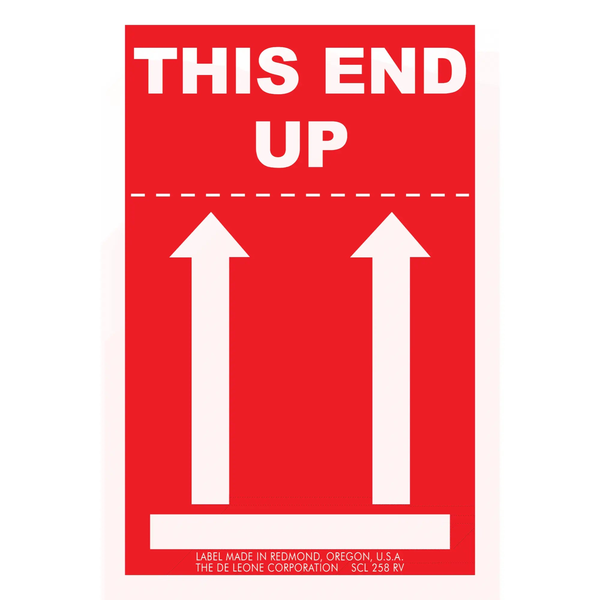 Red shipping label with white upward-pointing arrows and ’THIS END UP’ text.