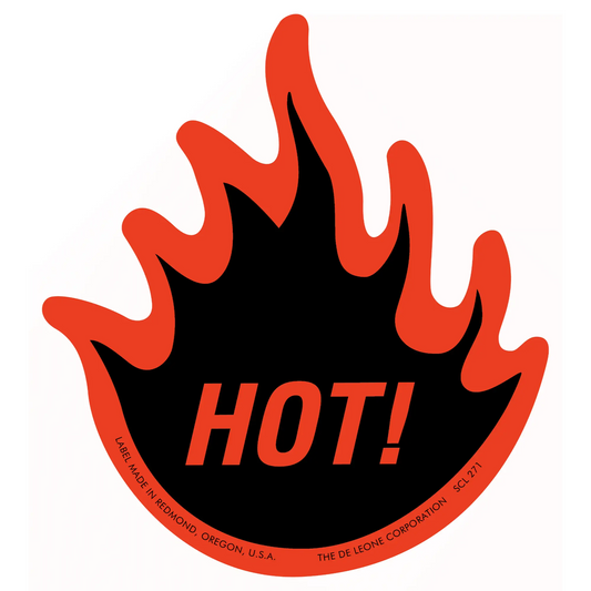 Black flame shape with orange edges and the word ’HOT!’ in orange text.