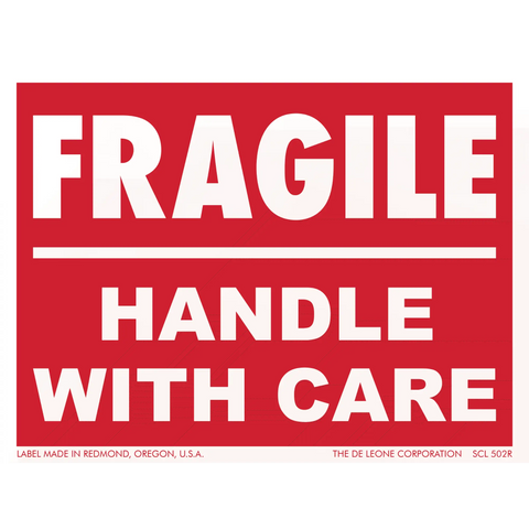 Red and white warning label that reads ’FRAGILE - HANDLE WITH CARE’