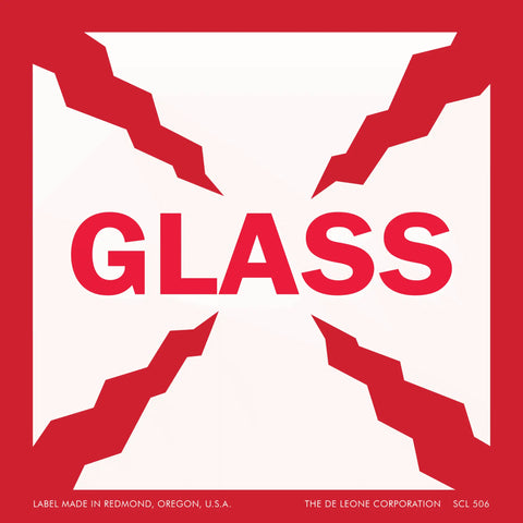 Red and white warning label for glass with jagged diagonal lines.