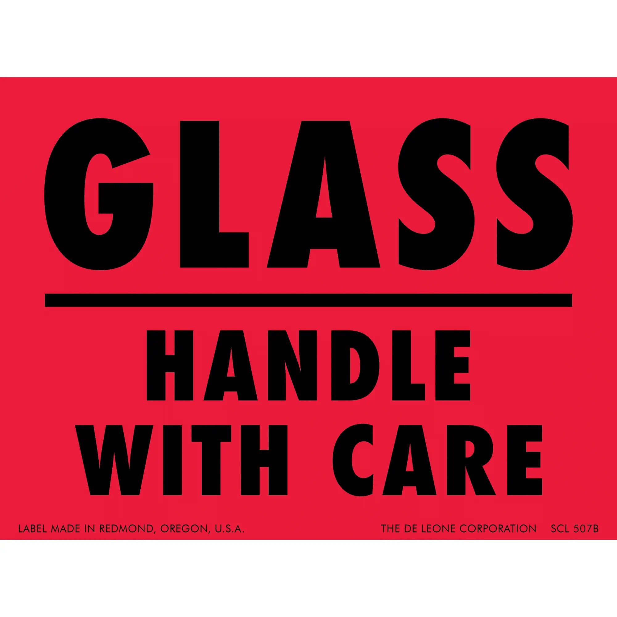 Red warning label with black text reading ’GLASS - HANDLE WITH CARE’