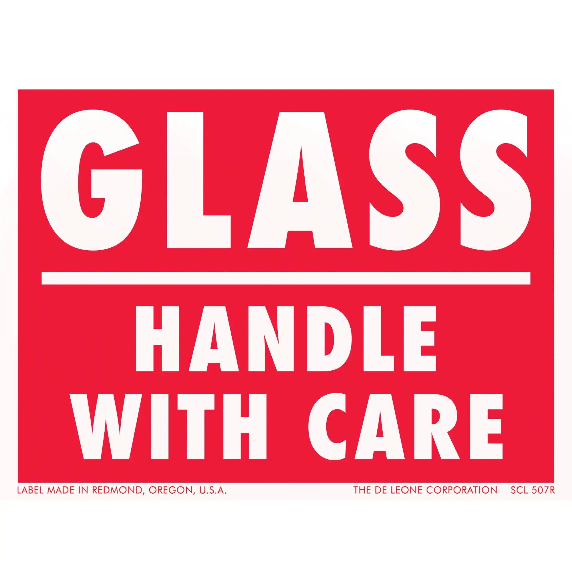 Red and white warning label for glass handling.