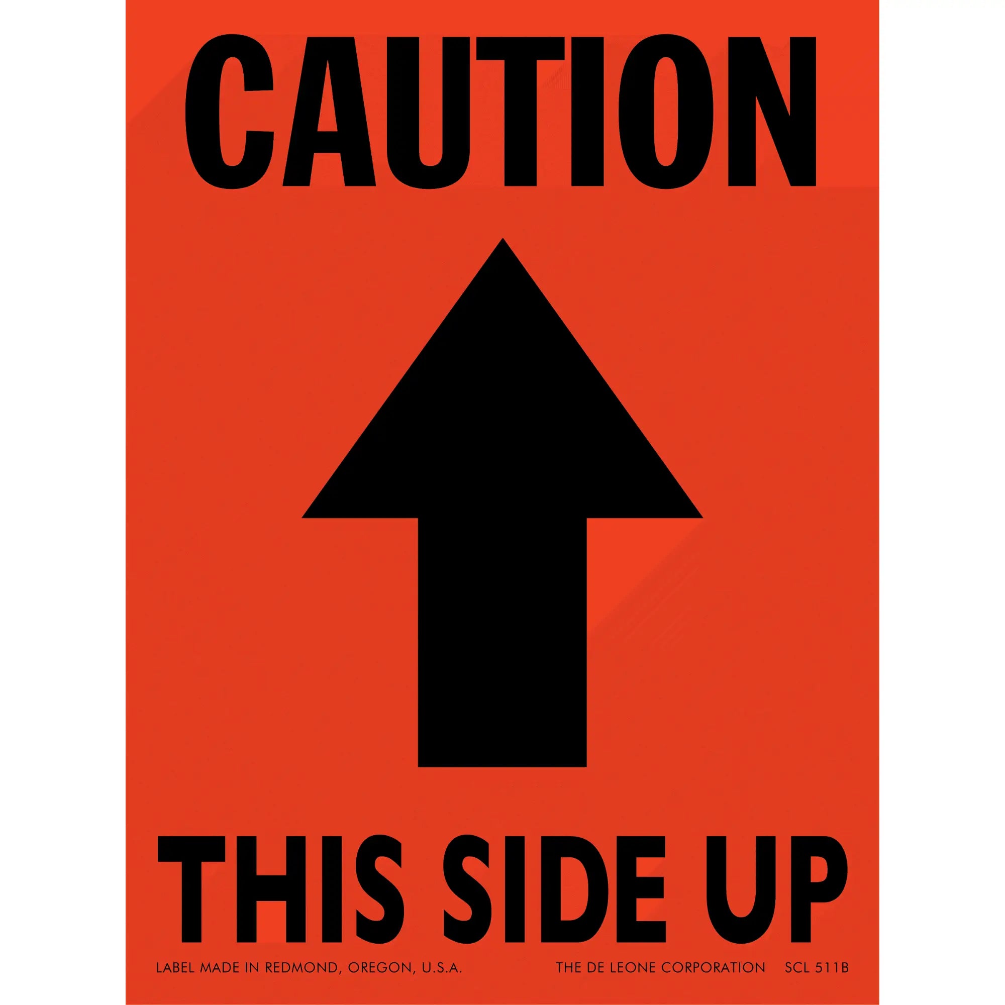 Orange caution sign with black arrow pointing upward and text reading ’THIS SIDE UP’