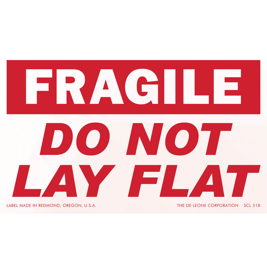 Red and white warning label with ’FRAGILE DO NOT LAY FLAT’ text.