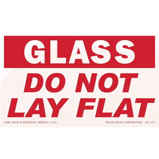 Red and white warning label that reads ’GLASS DO NOT LAY FLAT’