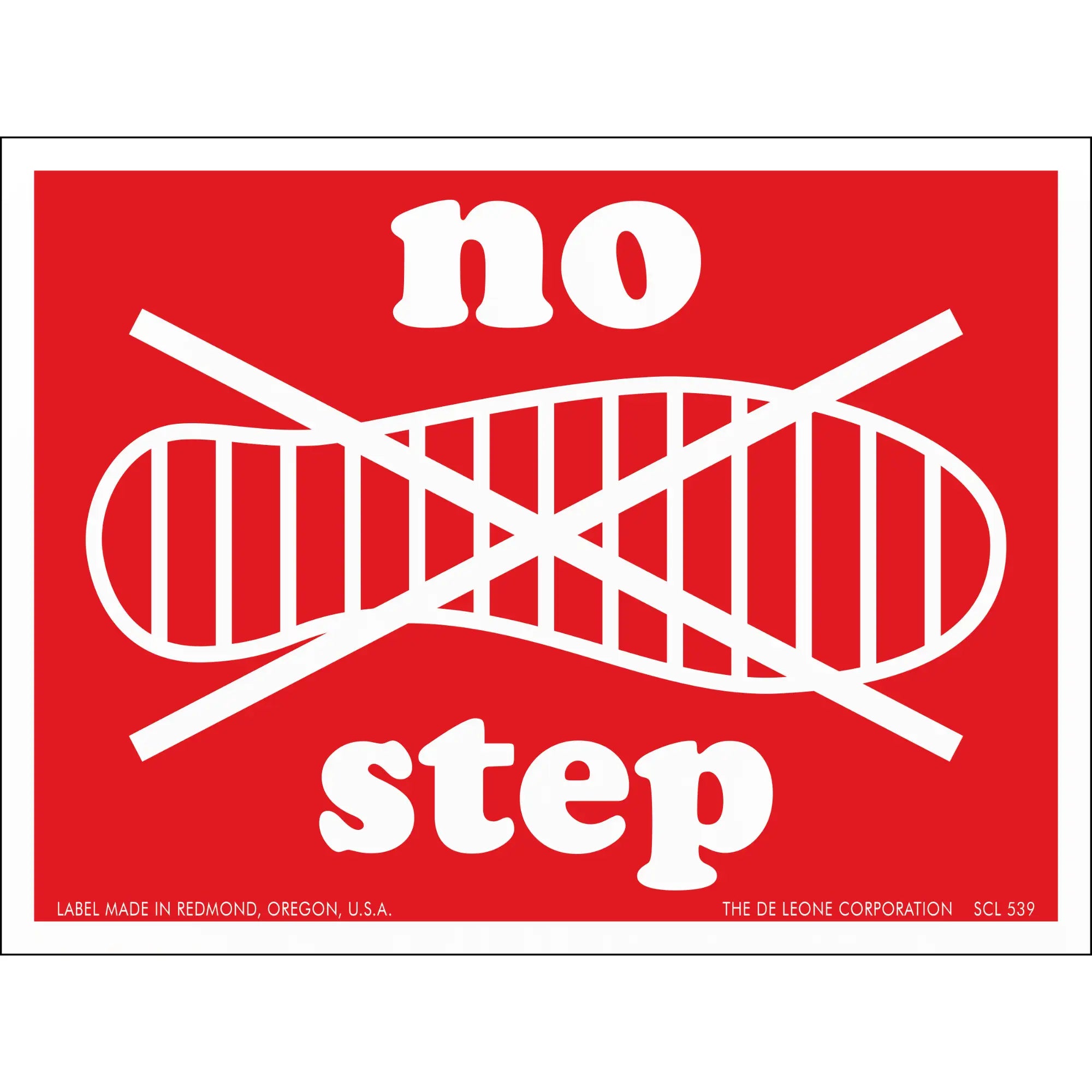 Red warning sign with crossed-out footprint and ’no step’ text.
