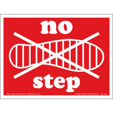 Red warning sign with crossed-out footprint and ’no step’ text.