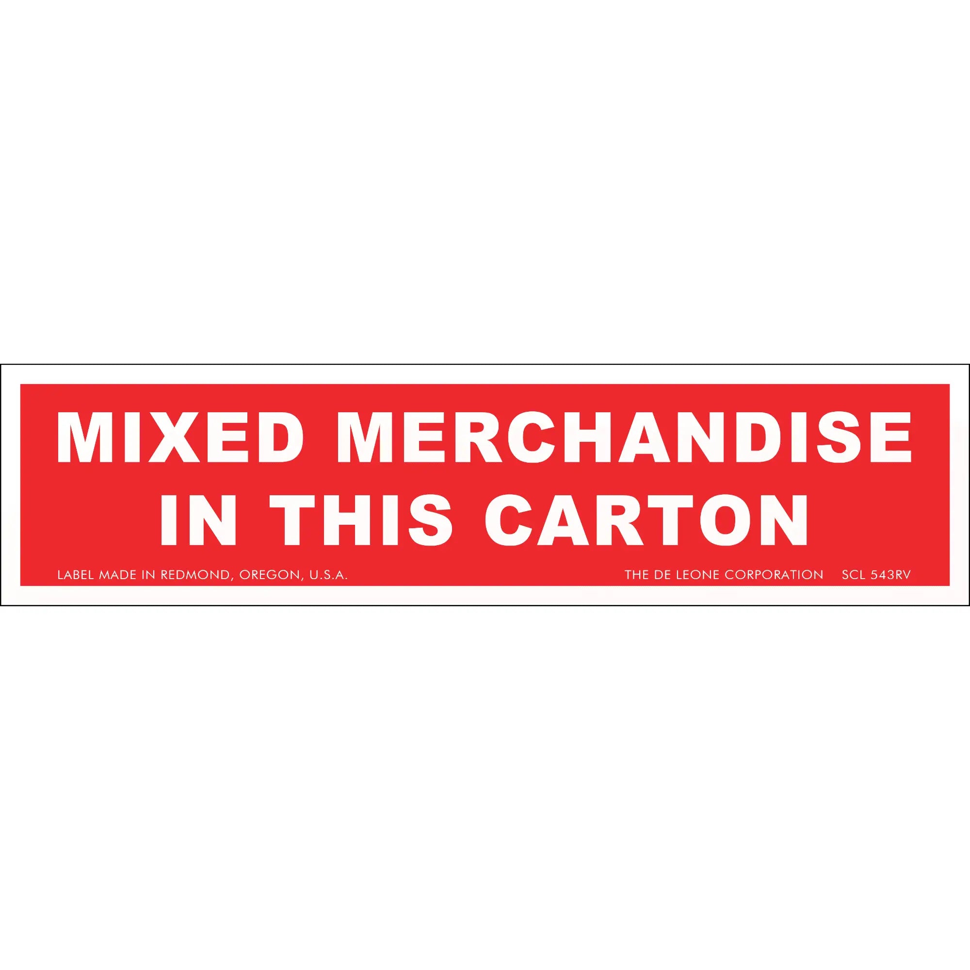 Red and white shipping label stating ’MIXED MERCHANDISE IN THIS CARTON’