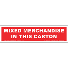 Red and white shipping label stating ’MIXED MERCHANDISE IN THIS CARTON’