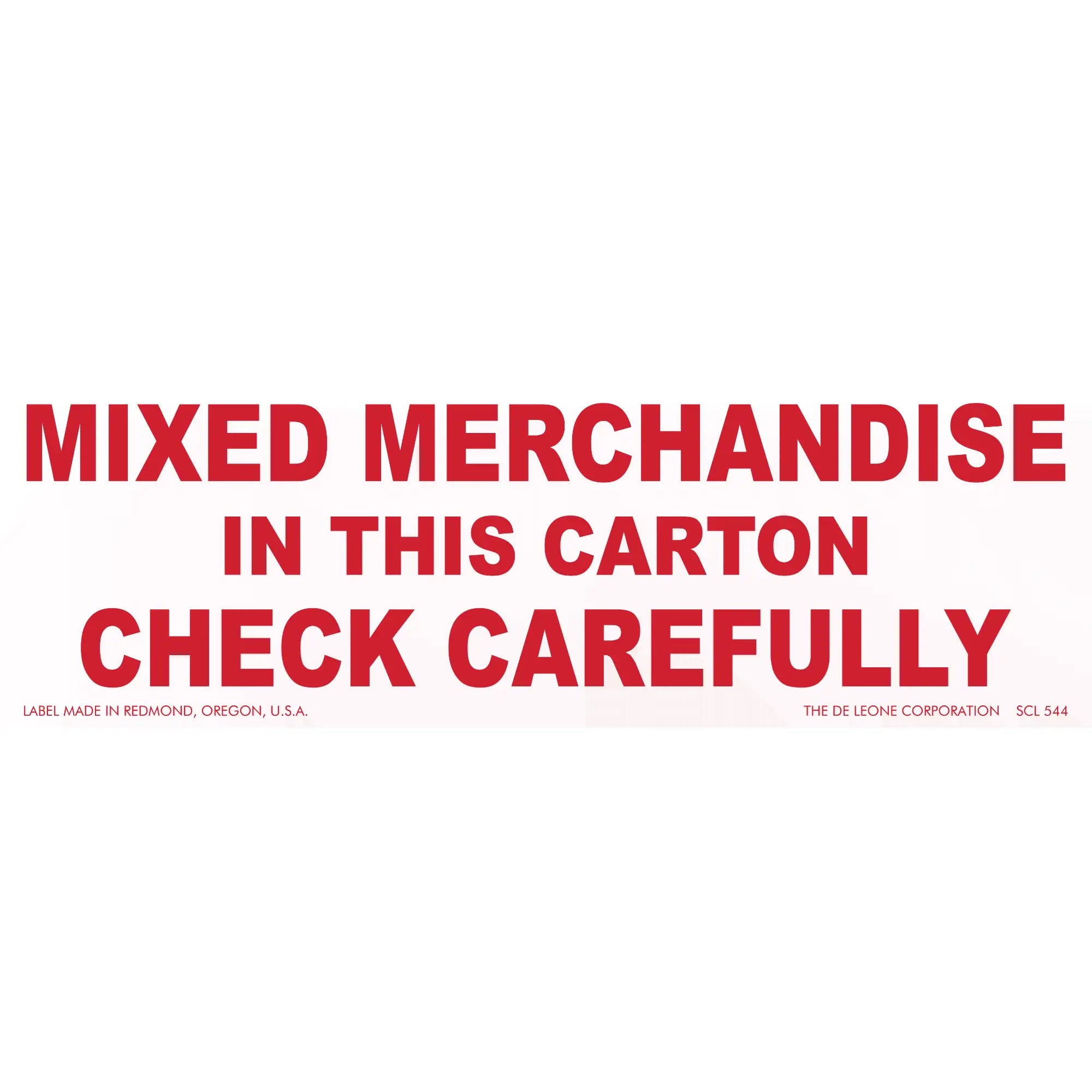 Red text warning label stating ’MIXED MERCHANDISE IN THIS CARTON CHECK CAREFULLY’