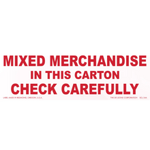 Red text warning label stating ’MIXED MERCHANDISE IN THIS CARTON CHECK CAREFULLY’