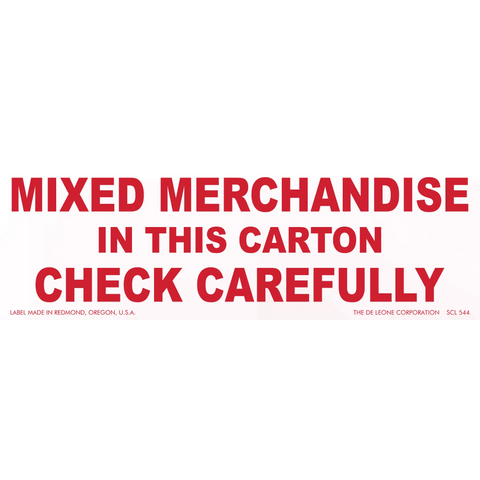 Red text warning label stating ’MIXED MERCHANDISE IN THIS CARTON CHECK CAREFULLY’