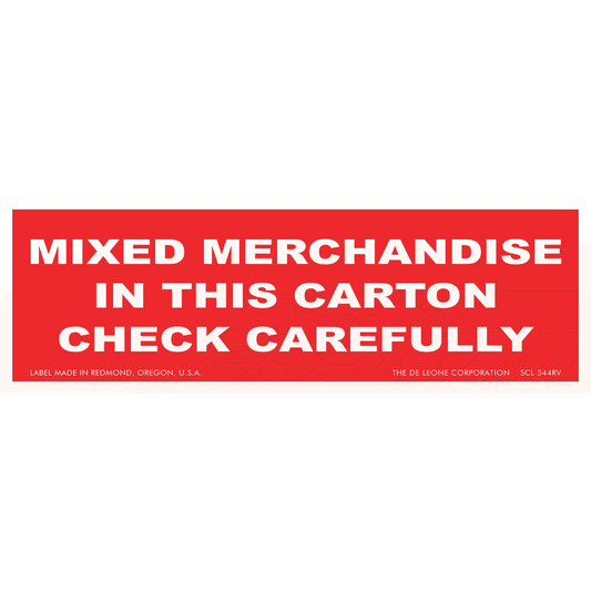 Red warning label stating ’MIXED MERCHANDISE IN THIS CARTON CHECK CAREFULLY’