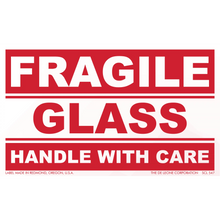 Red and white warning label for fragile glass items.