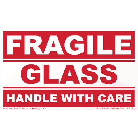 Red and white warning label for fragile glass items.