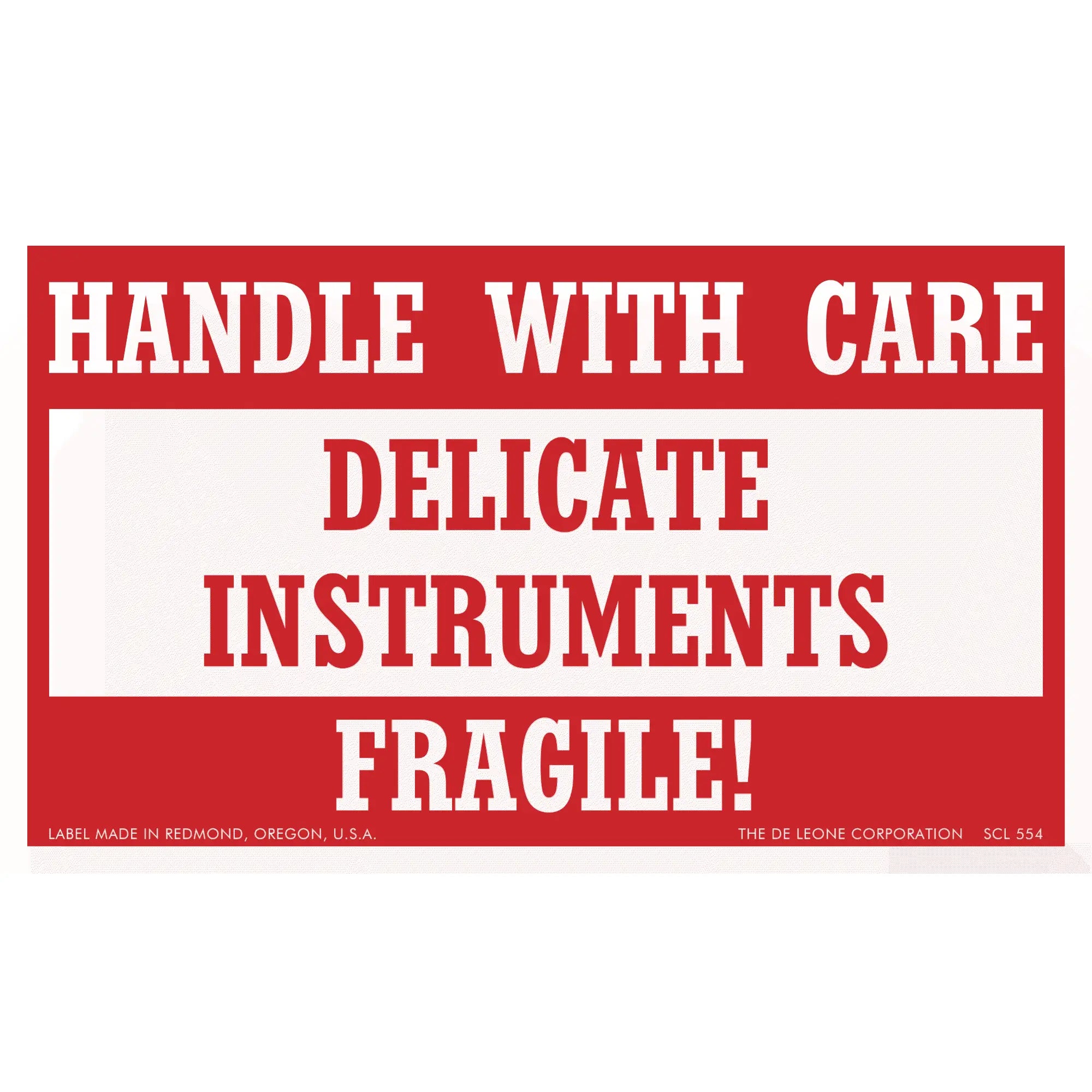 Red and white warning label for delicate instruments that reads ’HANDLE WITH CARE’ and ’FRAGILE!’