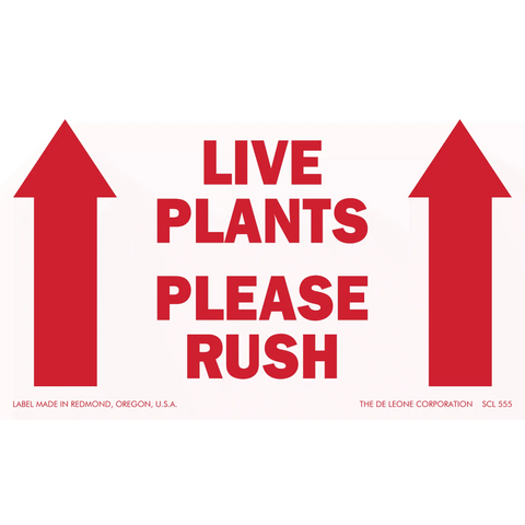 Red text shipping label with arrows reading ’LIVE PLANTS PLEASE RUSH’