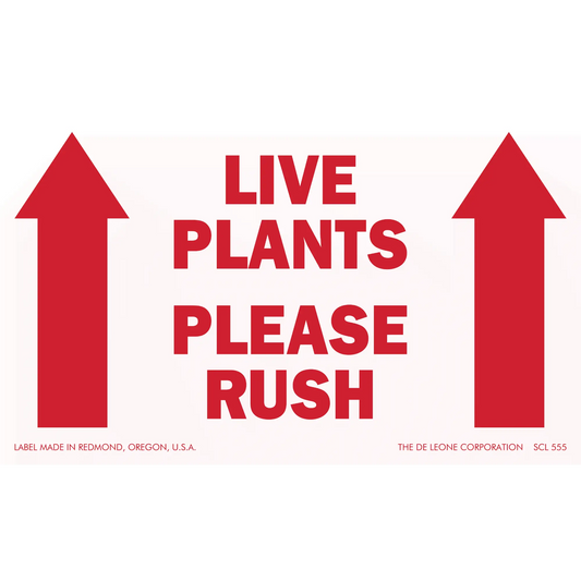 Red text shipping label with arrows reading ’LIVE PLANTS PLEASE RUSH’