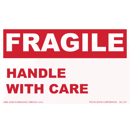 Red and white warning label that reads ’FRAGILE - HANDLE WITH CARE’