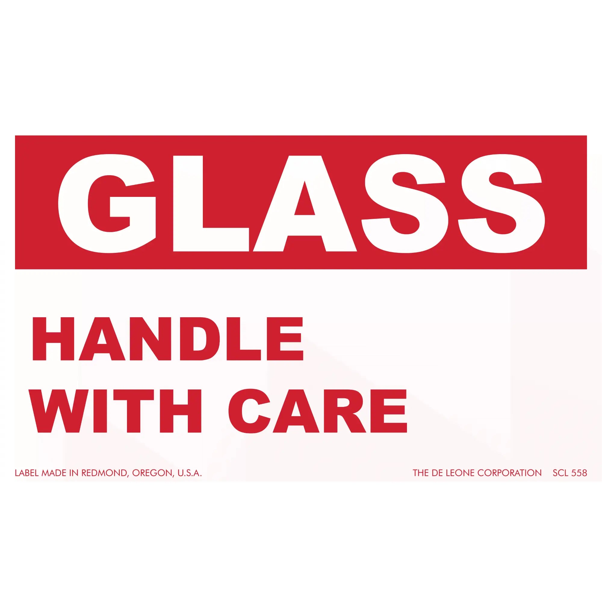 Red and white warning label for glass that reads ’HANDLE WITH CARE’