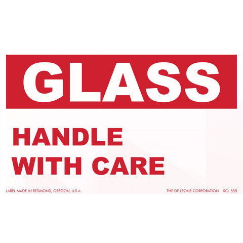 Red and white warning label for glass that reads ’HANDLE WITH CARE’