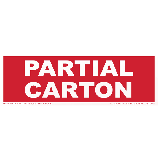 Red rectangular sign with white text reading ’PARTIAL CARTON’