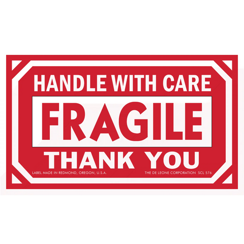 Red and white ’Handle with Care - Fragile’ shipping label.