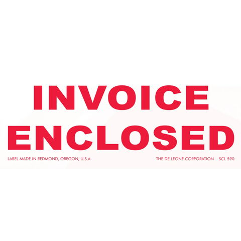 Red ’INVOICE ENCLOSED’ text label from The De Leone Corporation in Redmond, Oregon.