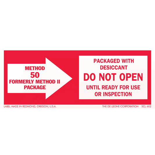 Red and white warning label indicating Method 50 package contains desiccant and should not be opened until ready for use.